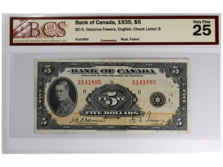 BC-5 1935 Canada $5 Osborne-Towers, English, BCS Certified VF-25 (Rust, Faded) Online Hot Sale