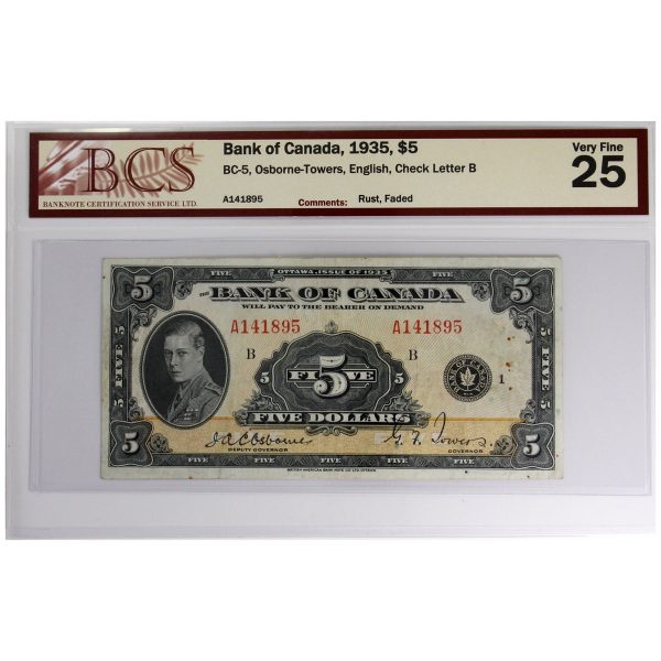 BC-5 1935 Canada $5 Osborne-Towers, English, BCS Certified VF-25 (Rust, Faded) Online Hot Sale