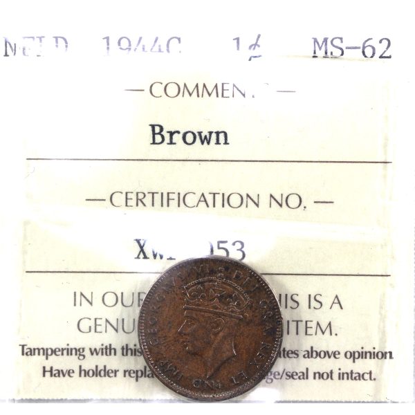 1944C Newfoundland 1-cent ICCS Certified MS-62 Brown *Scarce in Mint State!* on Sale