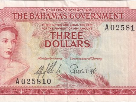 Bahamas 1965 3 Dollar Note, Pick #19a 2 Signatures, VF on Sale