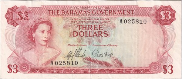 Bahamas 1965 3 Dollar Note, Pick #19a 2 Signatures, VF on Sale