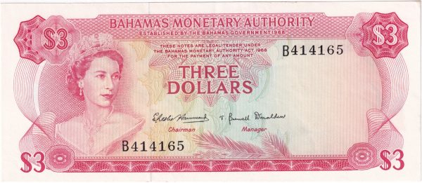 Bahamas 1968 3 Dollar Note, Pick #28a, AU Fashion