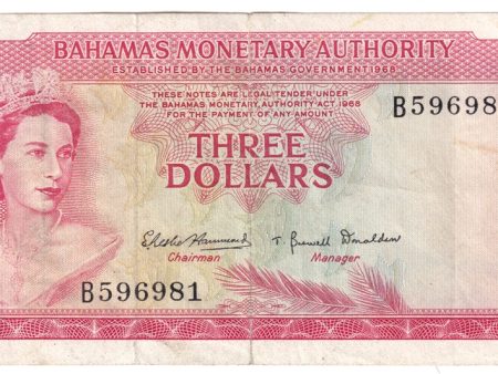 Bahamas 1968 3 Dollar Note, Pick #28a, VF (tear) on Sale