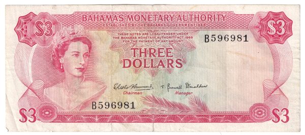 Bahamas 1968 3 Dollar Note, Pick #28a, VF (tear) on Sale