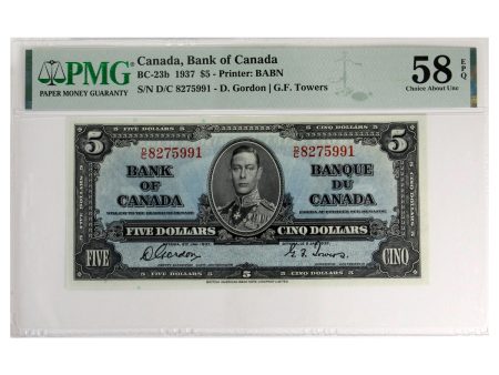 Pair of BC-23b 1937 Canada $5 Notes, Gordon-Towers, D C, PMG Certified AU-58 EPQ, 2Pcs For Sale