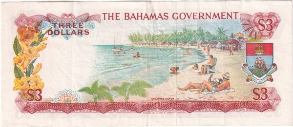 Bahamas 1965 3 Dollar Note, Pick #19a 2 Signatures, VF on Sale