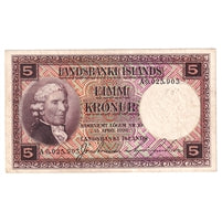 Iceland 1934-47 5 Kronur Note, Pick #27b, EF Discount