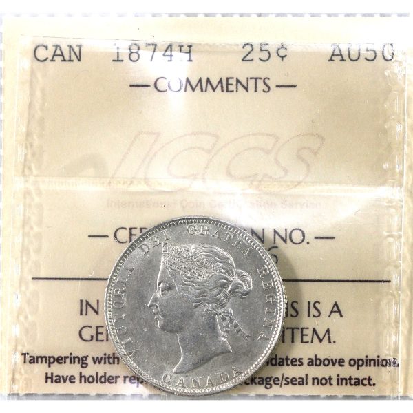 1874H Canada 25-cents ICCS Certified AU-50 Supply