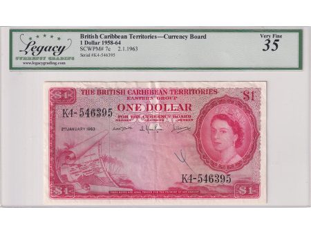 British Caribbean Territories Note, 1963 1 Dollar, Legacy Cert. VF-35 (Writing, Tear) Cheap