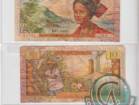 French Antilles Note 1964 10 Francs, VF (Damaged) Online Hot Sale