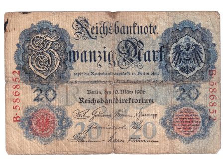 Germany Note 1906 20 Mark, VG (dam g) (L) For Cheap