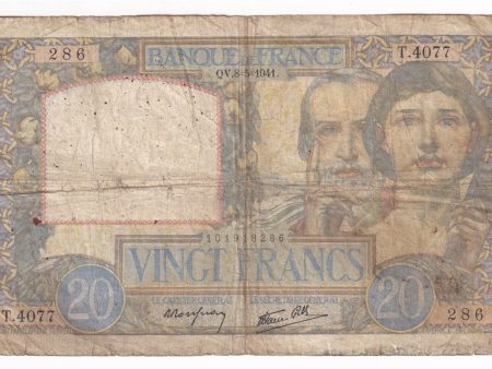 France Note 1941 20 Francs, VG (damaged) For Cheap