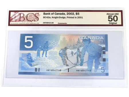 BC-62a 2002 Canada $5 Knight-Dodge, Printed in 2001, ANY, BCS Certified AU-50 Original Hot on Sale