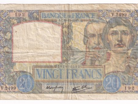 France Note, 1940 20 Francs, F (holes) Sale