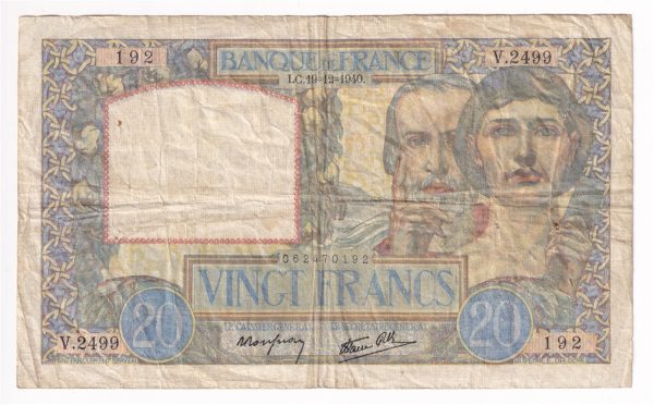 France Note, 1940 20 Francs, F (holes) Sale