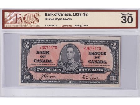 BC-22c 1937 Canada $2 Coyne-Towers, J R, BCS Certified VF-30 (Soiling, Tears) Hot on Sale