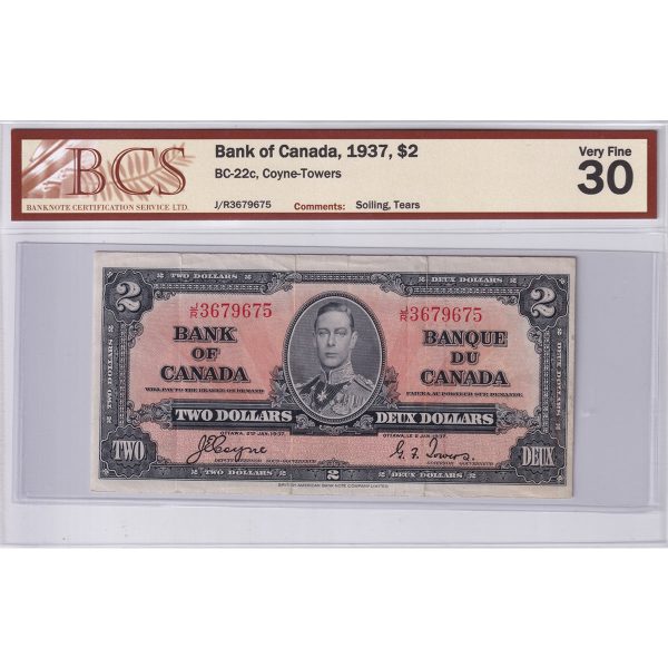 BC-22c 1937 Canada $2 Coyne-Towers, J R, BCS Certified VF-30 (Soiling, Tears) Hot on Sale