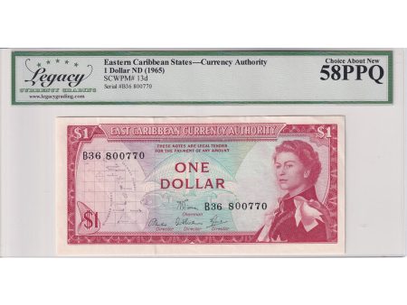 East Caribbean States 1965 1 Dollar Note, Pick #13d, Legacy Certified AU-58 PPQ on Sale