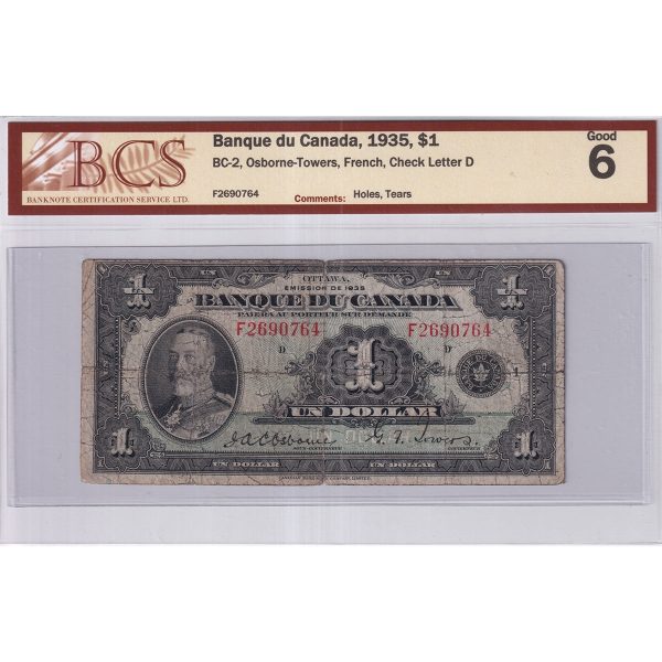 BC-2 1935 Canada $1 Osborne-Towers, French, BCS Certified G-6 (Holes, Tears) Online