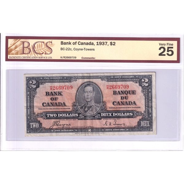 BC-22c 1937 Canada $2 Coyne-Towers, H R, BCS Certified VF-25 Cheap