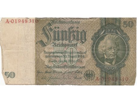 Germany Note 1933 50 Reichsmark without Under, VG-F (tears) Online Sale