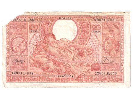 Belgium Note 1944 100 Francs, EF (damaged - missing corner) For Sale