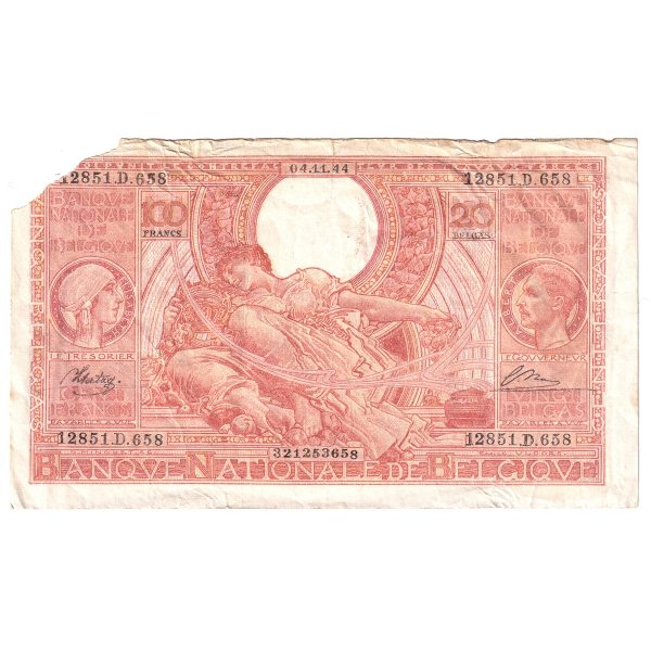 Belgium Note 1944 100 Francs, EF (damaged - missing corner) For Sale