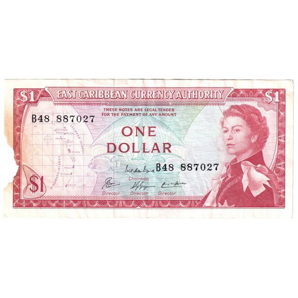 East Caribbean States 1965 1 Dollar Note, Pick #13e, EF (Damaged) Sale