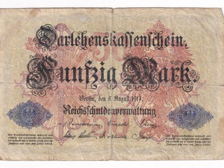 Germany Note 1914 50 Mark, 6 Digit Serial Number, VG (Damaged) Online Hot Sale