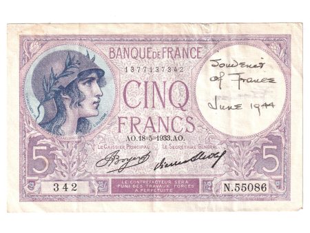 France Note, 1933 5 Francs, Pick #72e, VF-EF (Writing) Online Sale