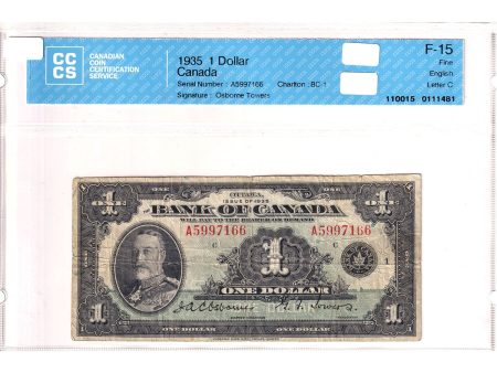 BC-1 1935 Canada $1 Osborne-Towers, English, Series A, Check C, CCCS Certified F-15 Sale