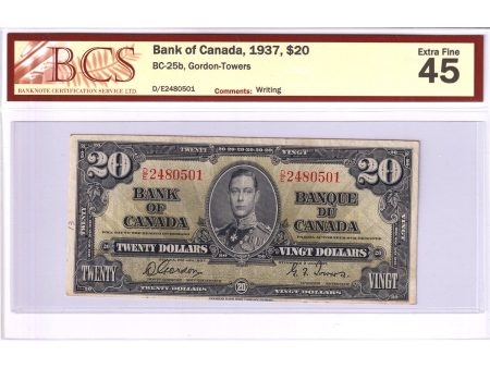 BC-25b 1937 Canada $20 Gordon-Towers, D E, BCS Certified EF-45 (Writing) Online Sale