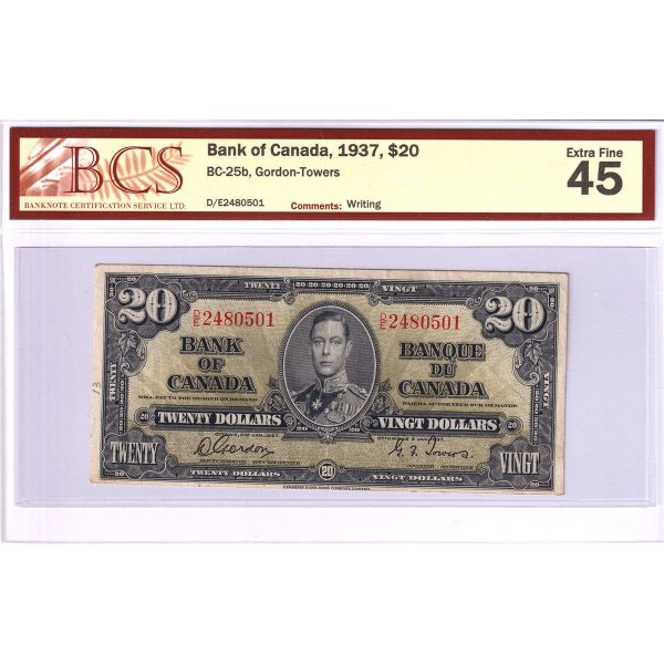 BC-25b 1937 Canada $20 Gordon-Towers, D E, BCS Certified EF-45 (Writing) Online Sale