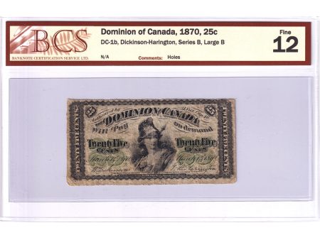 DC-1b 1870 Dominion 25-cent Shinplaster, Series B, Large B, BCS Certified F-12 (Holes) Online Hot Sale