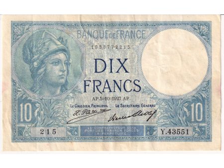 France 1927 10 Francs Note, Pick #73d, VF-EF (Hole) on Sale