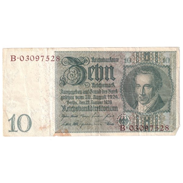 Germany Note, 1929 10 Reichsmark, Pick #180b, VF (Stain) Hot on Sale