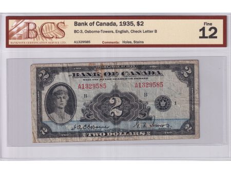 BC-3 1935 Canada $2 Osborne-Towers, English, B, BCS Certified F-12 (Holes, Stains) Online now