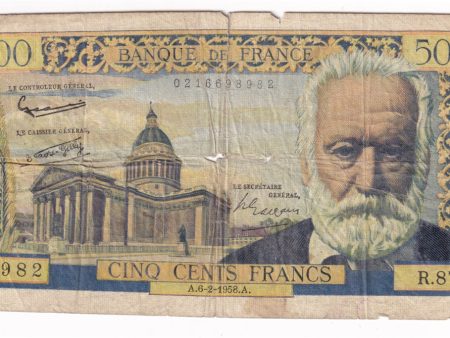 France Note 1958 500 Francs, VG (Damaged) on Sale