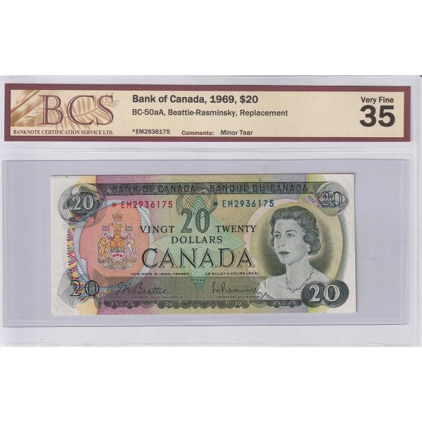 BC-50aA 1969 Canada $20 Beattie-Rasm., Replacement, *EM, BCS Cert. VF-35 (Minor Tear) For Sale