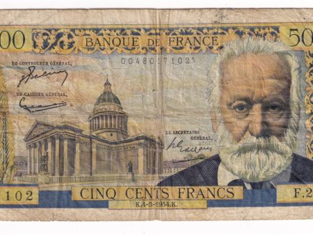 France Note, 1954 500 Francs, Fine (F-12) Holes or Damaged For Discount