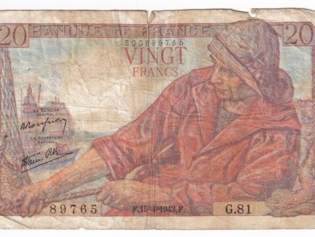 France Note, 1943 20 Francs, Fine (F-12) Damaged For Cheap