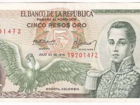 Colombia  Note 1976 5 Pesos Oro, EF-AU For Sale