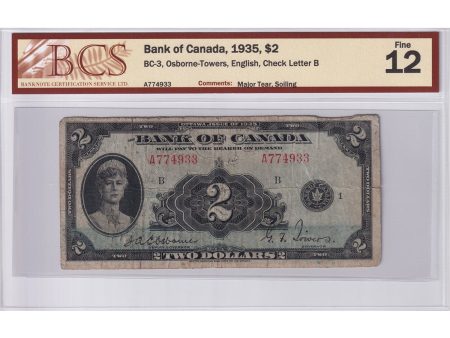 BC-3 1935 Canada $2 Osborne-Towers, English, BCS Certified F-12 (Major Tear, Soiling) Cheap