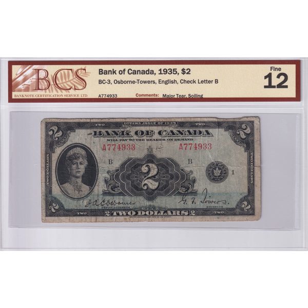 BC-3 1935 Canada $2 Osborne-Towers, English, BCS Certified F-12 (Major Tear, Soiling) Cheap