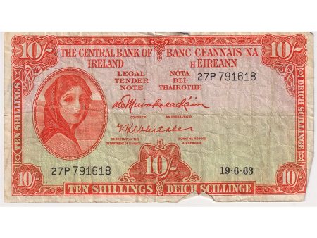 Ireland 1963 10 Shillings Note, E074, VF (Damaged) For Sale