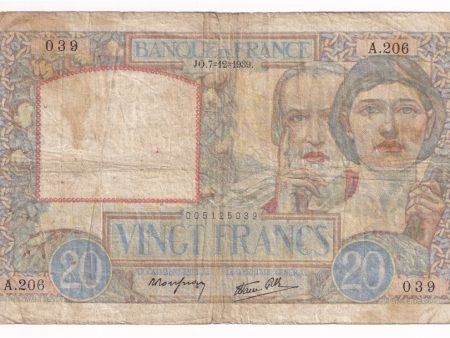 France Note 1939 20 Francs, VG-F (Damaged) For Sale